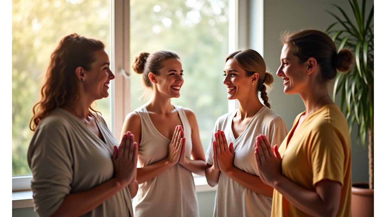 Diverse group of adults in a bright, modern wellness studio, engaged in a gentle, mindful activity, hands clasped, smiling at each other