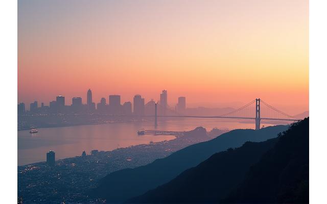 Panoramic view of the San Francisco skyline at dawn, with a sense of calm and opportunity