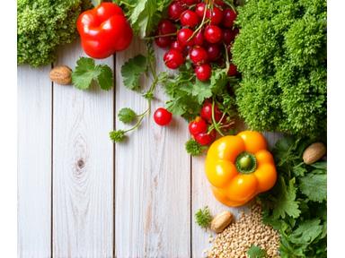 Fresh, vibrant healthy food ingredients laid out on a clean counter, emphasizing nutrition