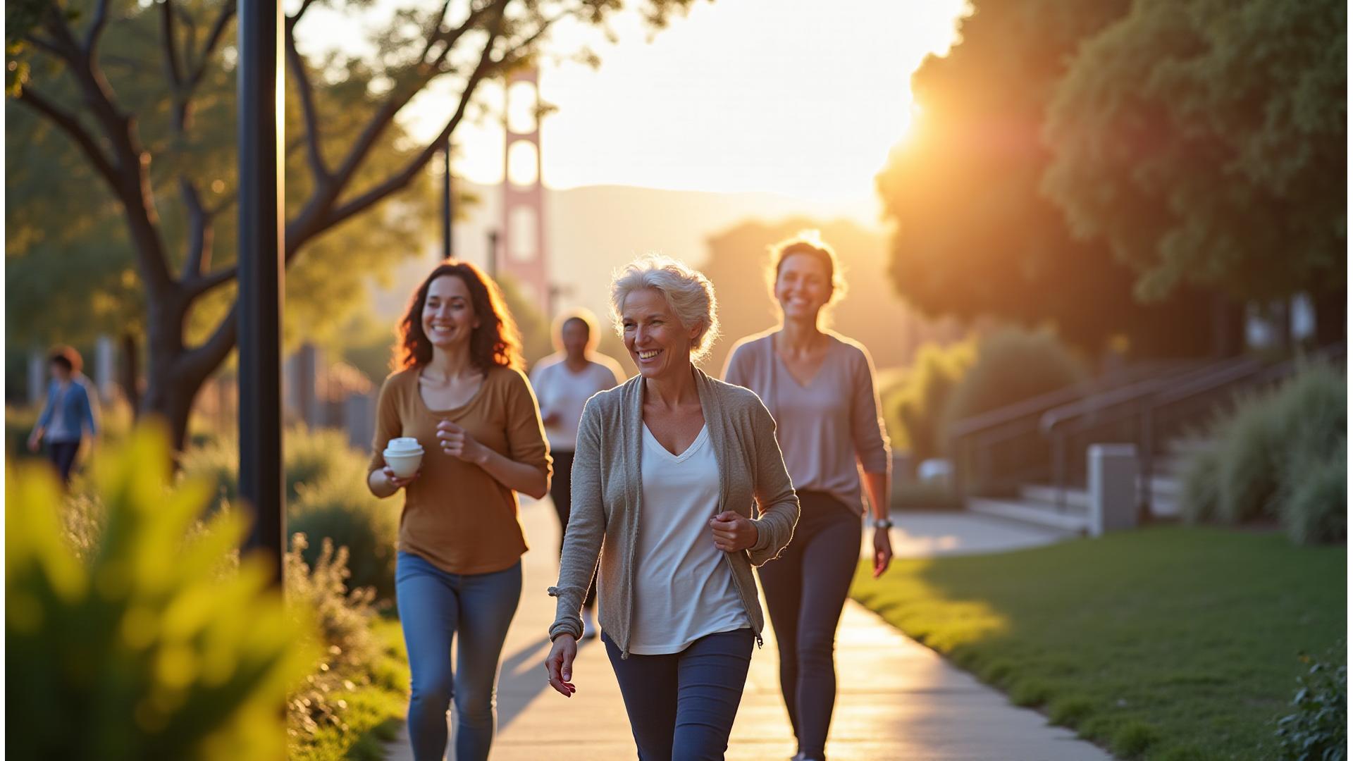 Diverse adults aged 35-55 engaging in holistic wellness activities (yoga, mindful walking, healthy cooking) in a bright, modern San Francisco park setting with a subtle Bay Bridge backdrop, conveying vitality and urban balance.
