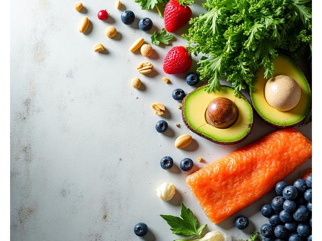 A vibrant selection of functional foods like leafy greens, fresh berries, nuts, and clean proteins artfully arranged on a wooden table, emphasizing wholesome, nutrient-dense eating.