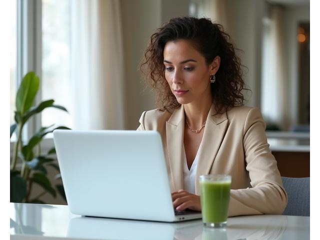 A confident professional in a bright, modern San Francisco co-working space, demonstrating balance and focus with a healthy green smoothie on her desk.