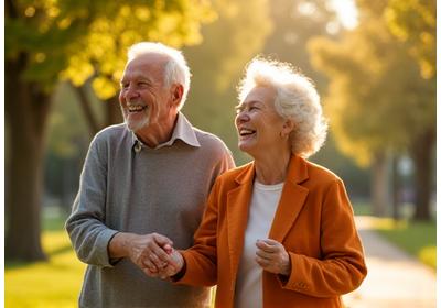 Vibrant, healthy senior couple laughing and walking outdoors, representing healthy aging