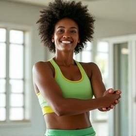 Energetic female movement specialist demonstrating a gentle stretch