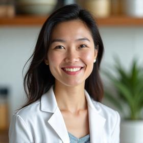 Smiling female nutritionist in a modern kitchen setting