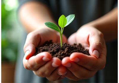 Hands gently holding a small plant sprout, symbolizing mindful growth and living
