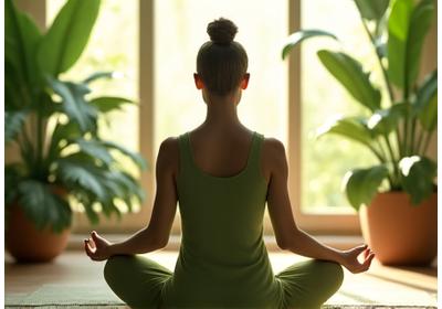 Person meditating calmly in a serene, green environment, representing stress management workshops