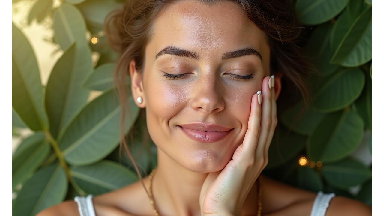 Woman applying organic facial serum, glowing skin, surrounded by green leaves.