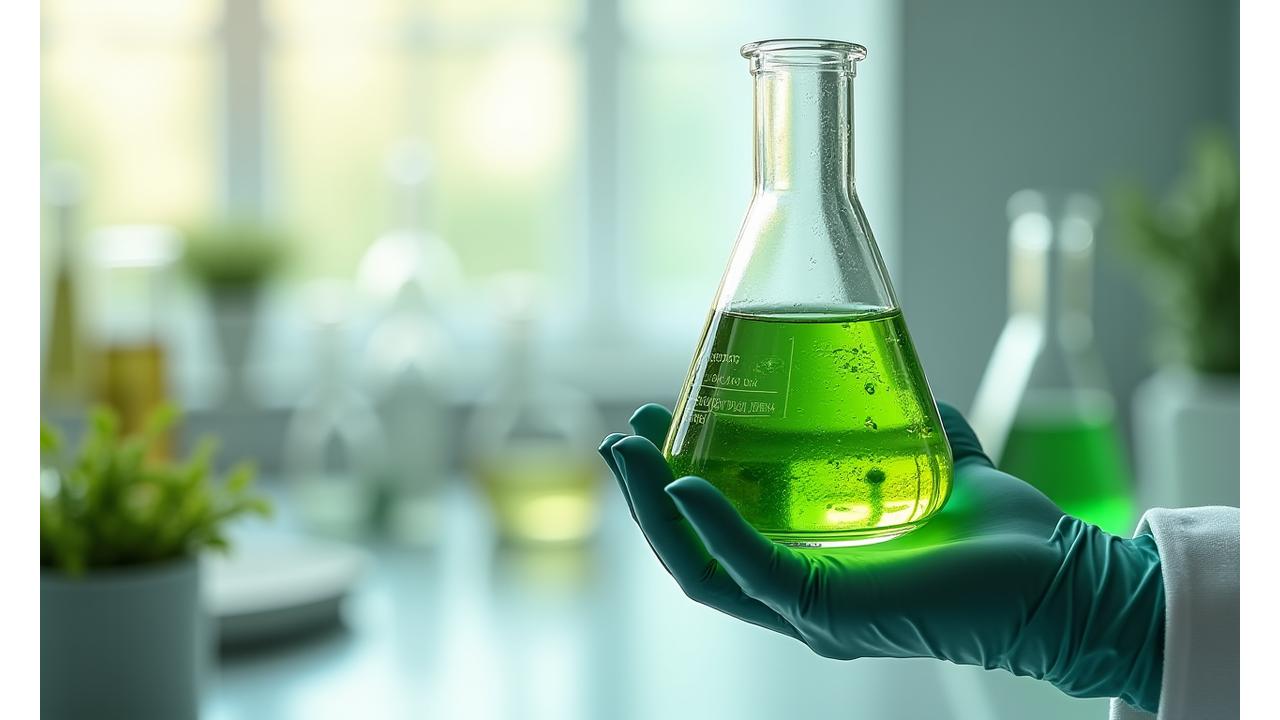 Scientist in lab coat examining plant extracts, sophisticated lab environment