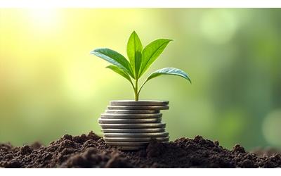 A vibrant green plant sprouting from coins, symbolizing growth and investment.