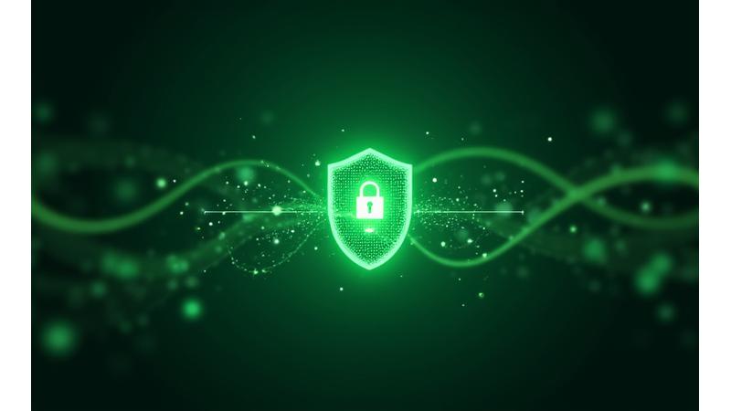 Abstract image representing data security and privacy, with intertwining digital lines and a lock icon in a calm green and gold color palette.