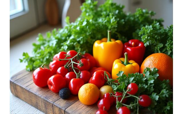 Close-up of fresh, colorful vegetables on a kitchen counter