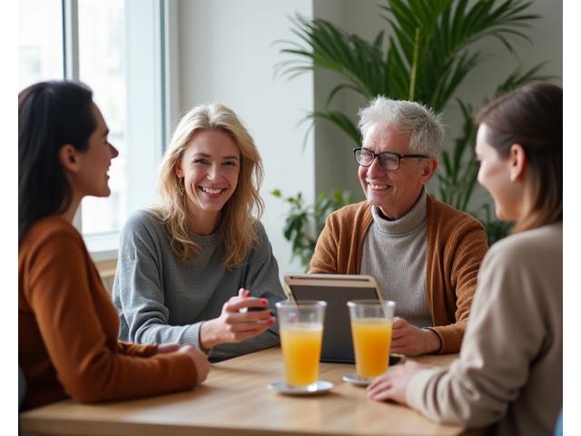 Diverse group of adults smiling and interacting in a supportive community setting.