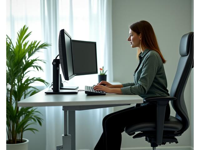 Ergonomically set up office desk with a professional working attentively